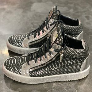 Giuseppe Zanotti Silver & Black Python Zip Sneaker